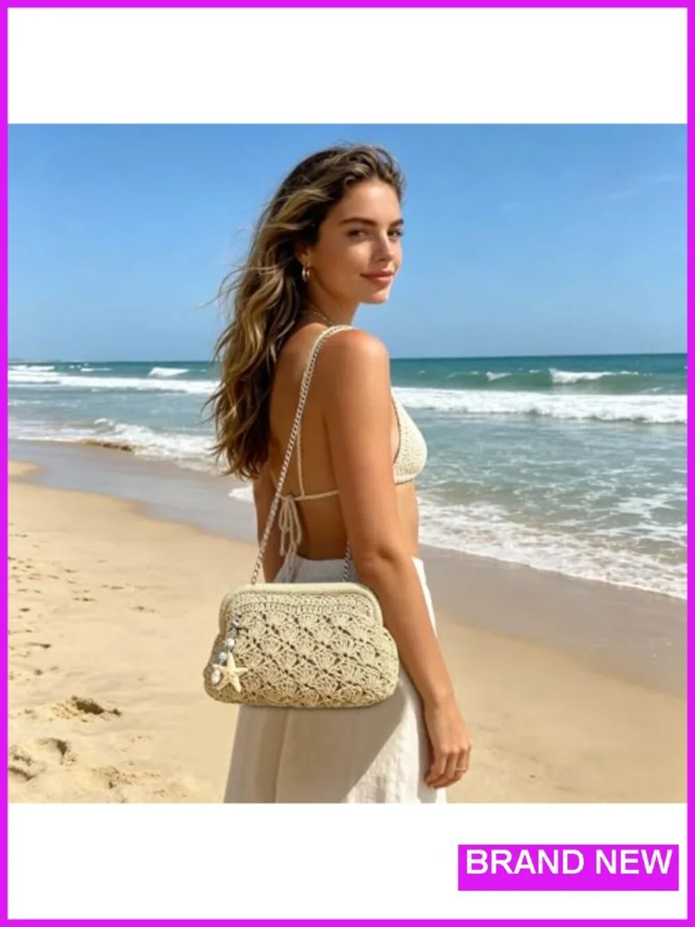 Woven Straw Clutch Purse with Shell Pendant Detachable Chain Crossbody Shoulder